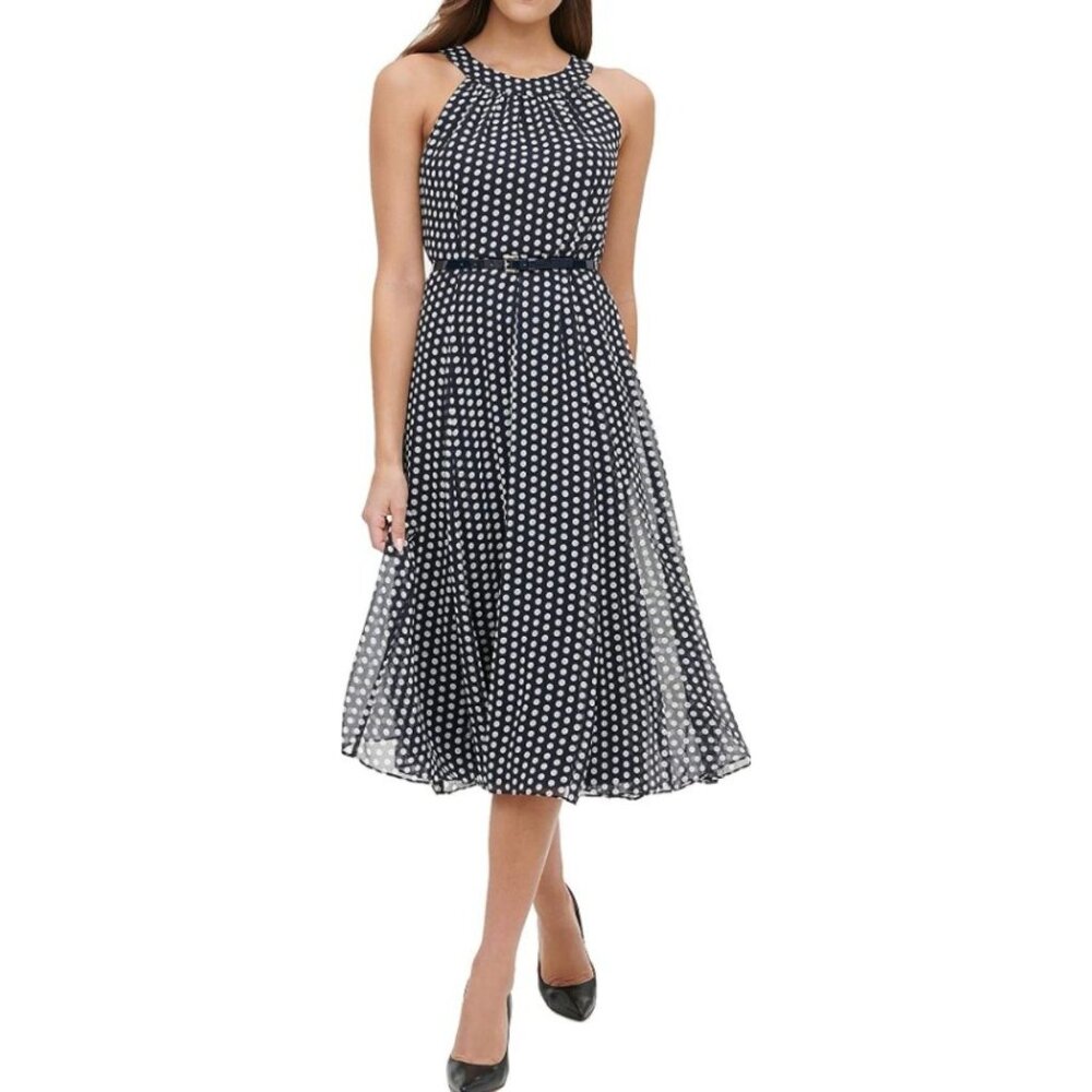 Tommy Hilfiger Navy Polka Dot Midi Dress Halter Sleeveless Round Neck Size 14
